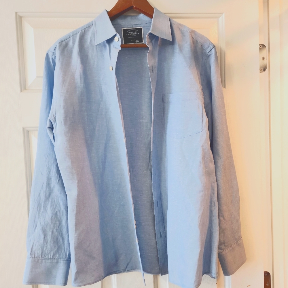 Charles Tyrwhitt Shirt L Light Blue Linen Button-up Long Sleeve Slim Fit.